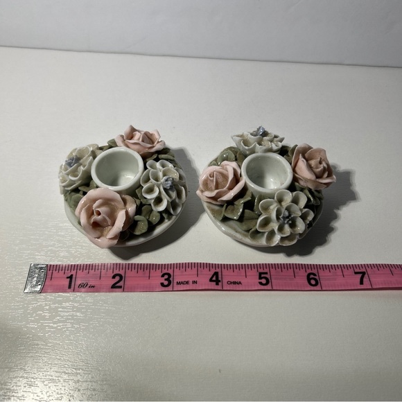 Rose Candle Holders Ceramic Pink And White  Pink Glitter Candles Vintage - Picture 5 of 7